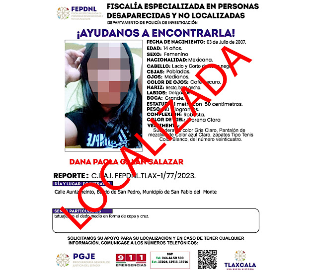 Ubica PGJE a menor de edad reportada como no localizada