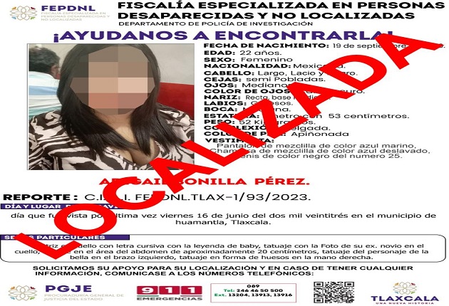 PGJE ubica en Huamantla a mujer  reportada como no localizada