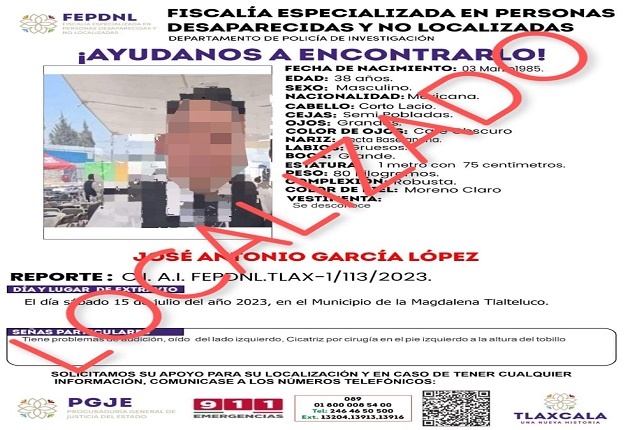 Ubica PGJE a masculino reportado como no localizado