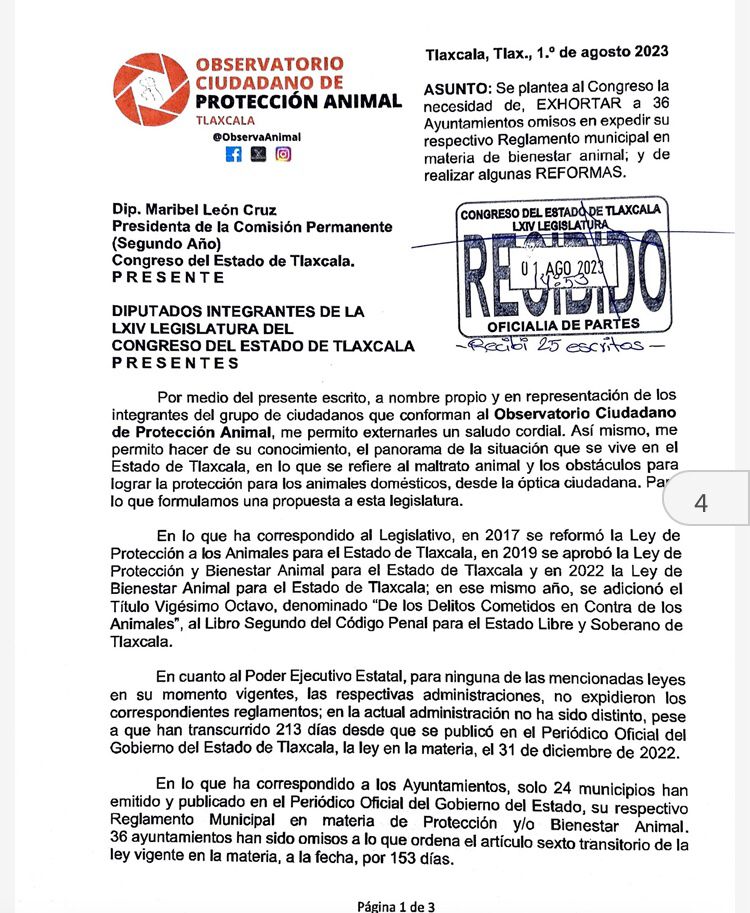 Pide OCPA a Congreso de Tlaxcala exhortar a gobernadora a expedir reglamento sobre bienestar animal