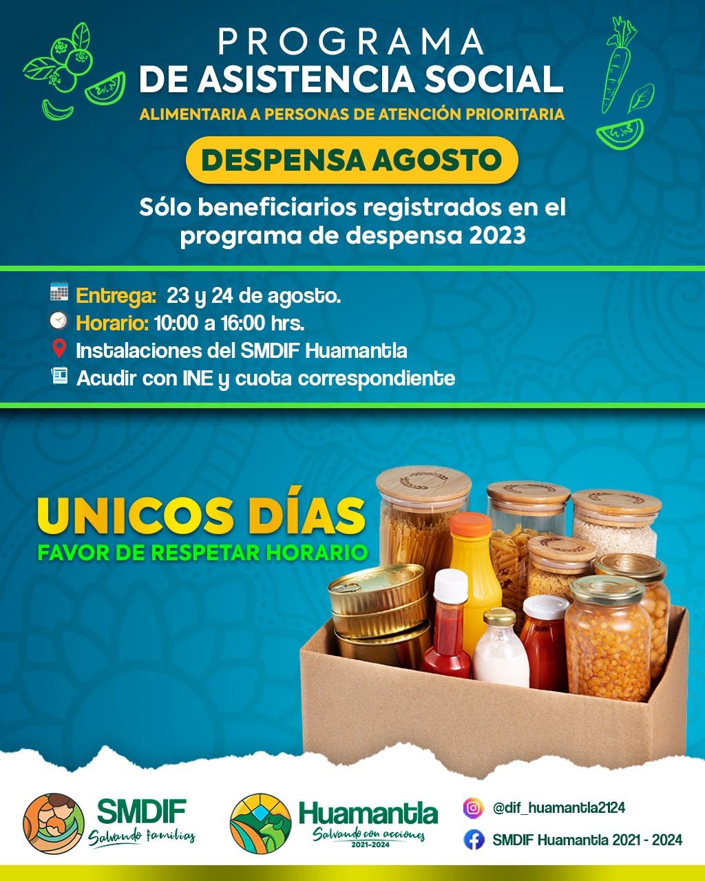 Entregará SMDIF Huamantla despensas a beneficiarios inscritos en el Programa de Asistencia Social