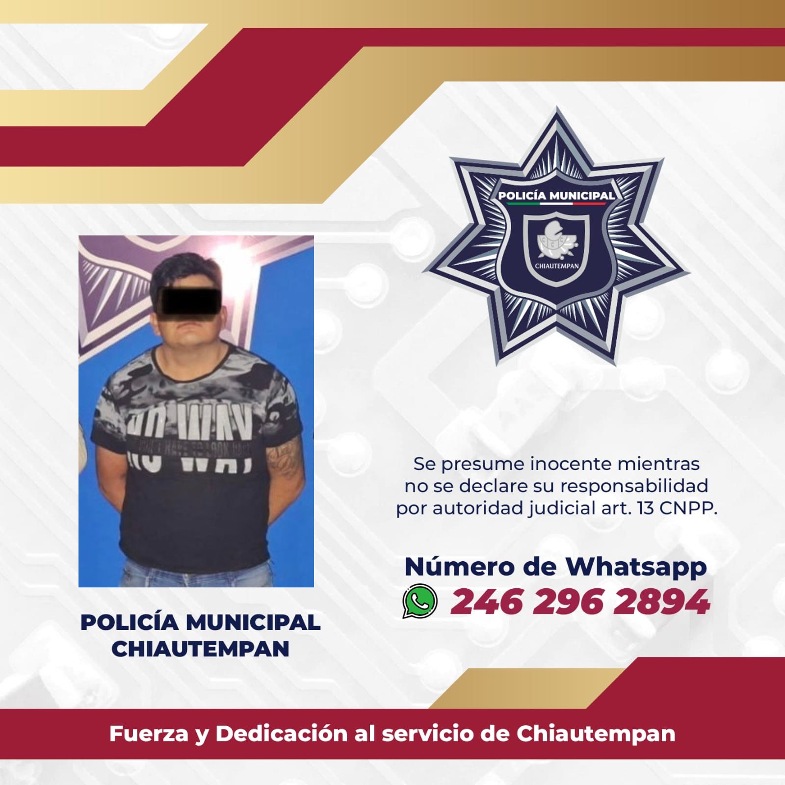 Detiene policía de Chiautempan a sujeto por lesiones