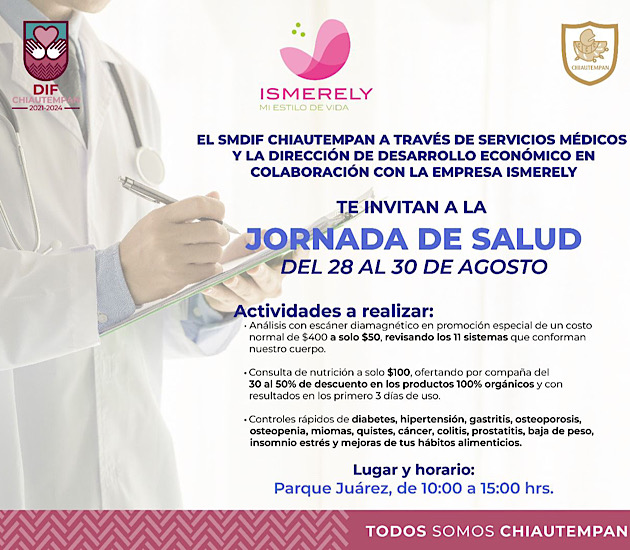 Invita SMDIF Chiautempan a Jornadas de salud, del 28 al 30 de agosto