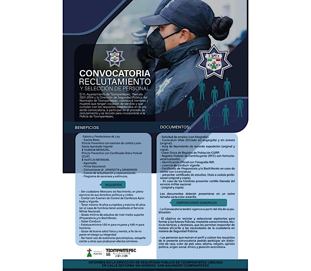 El municipio de Tzompantepec busca policías municipales