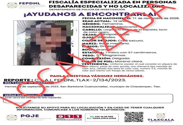 Ubica PGJE en Xiloxoxtla a menor de edad reportada como no localizada