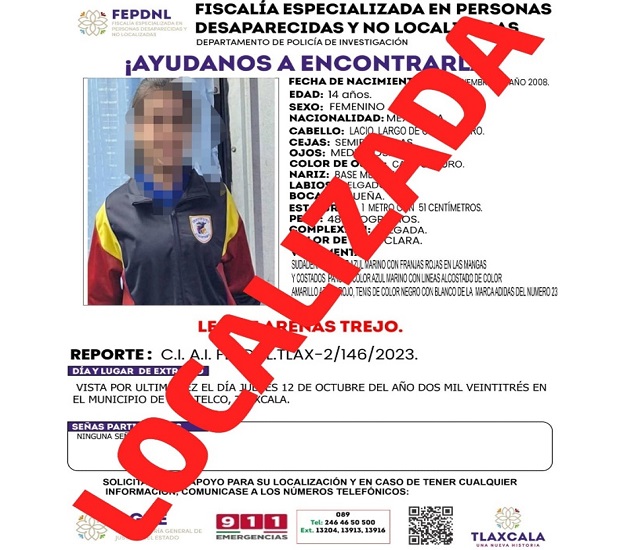 Ubica PGJE a menor de edad reportada como no localizada