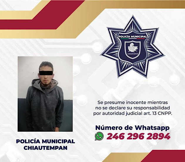Detiene Policía de Chiautempan a sujeto por robo a negocio