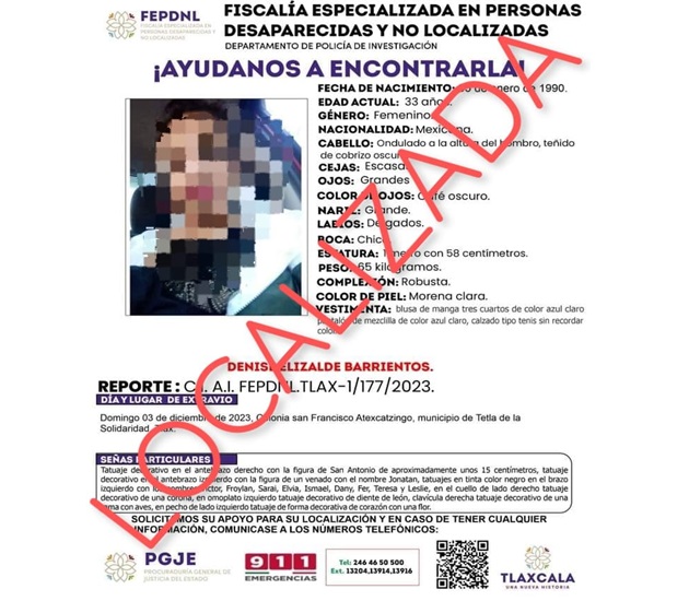 Ubica PGJE en Apizaco a mujer reportada como no localizada