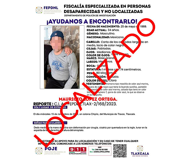 Ubica PGJE a masculino reportado como no localizado