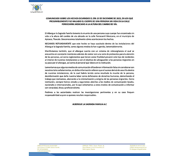 Aclara Albergue La Sagrada Familia AC hechos del 13 de diciembre, en Apizaco