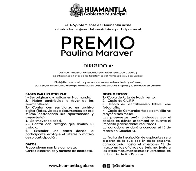 Ayuntamiento de Huamantla convoca a las mujeres del municipio al Premio Paulina Maraver 2024