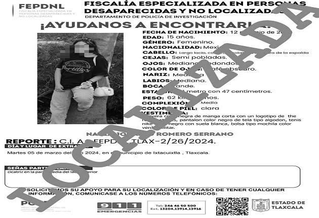 Ubica PGJE a menor de edad reportada como no localizada