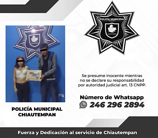 Detiene Policía de Chiautempan a dos personas por posesión de arma de fuego hechiza y cohecho