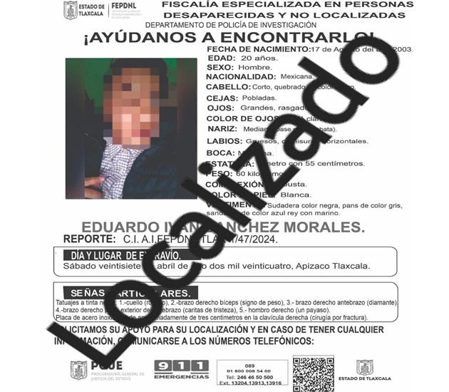 Ubica PGJE a masculino reportado como no localizado