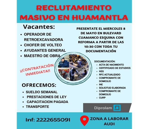 Gobierno municipal de Huamantla y la empresa Diprolam invitan al reclutamiento masivo de vacantes
