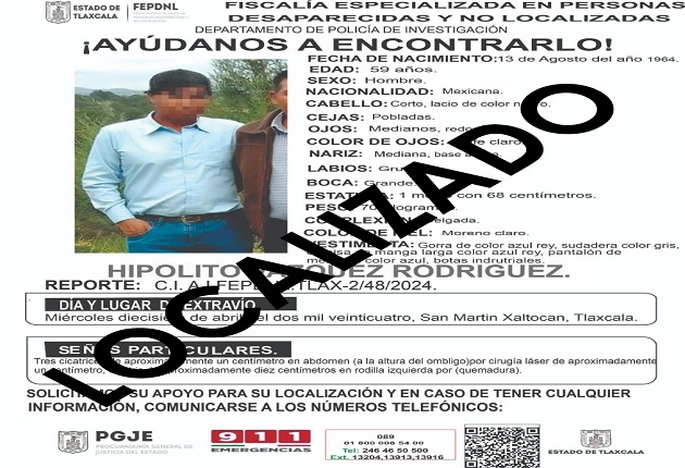 Ubica PGJE a masculino reportado como no localizado