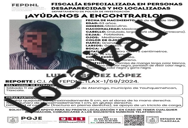 Ubica PGJE en Yauhquemehcan a masculino reportado como no localizado