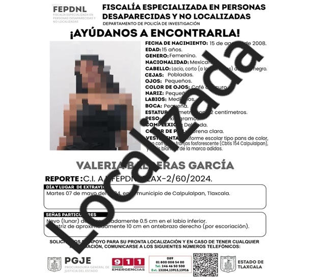 Ubica Policía de Investigación en Calpulalpan a menor de edad reportada como no localizada: PGJE