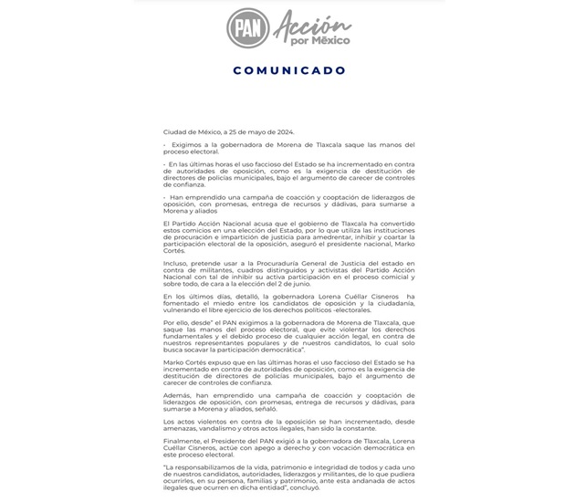 Gobierno de Tlaxcala utiliza instituciones de justicia para coartar participación electoral, acusa Marko Cortés