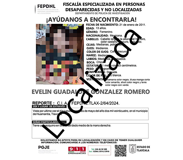 Ubica PGJE en Apetatitlán a menor de edad reportada como no localizada