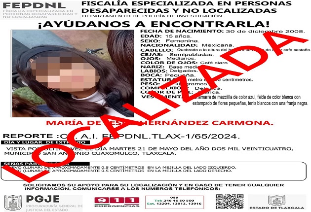 Presentan ante ministerio público a menor de edad reportada como no localizada: PGJE