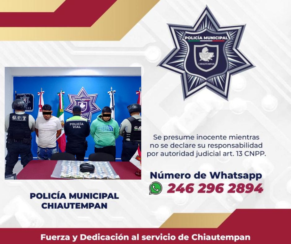 En rápida intervención, logra Policía de Chiautempan detención de dos sujetos por intento de asalto
