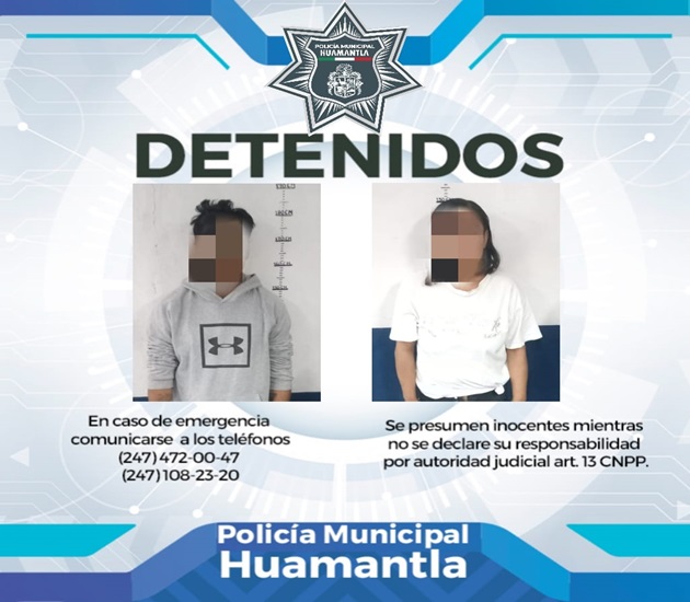 Detiene Policía Municipal de Huamantla a dos personas por robo en comercio