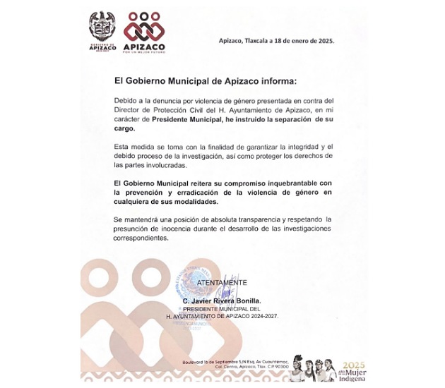 Separan del cargo a Director de Protección Civil  de Apizaco tras denuncia por violencia de género