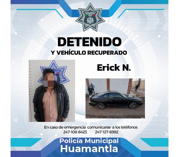 Policía de Huamantla asegura a posible sospechoso de robo de vehículo y recupera el auto