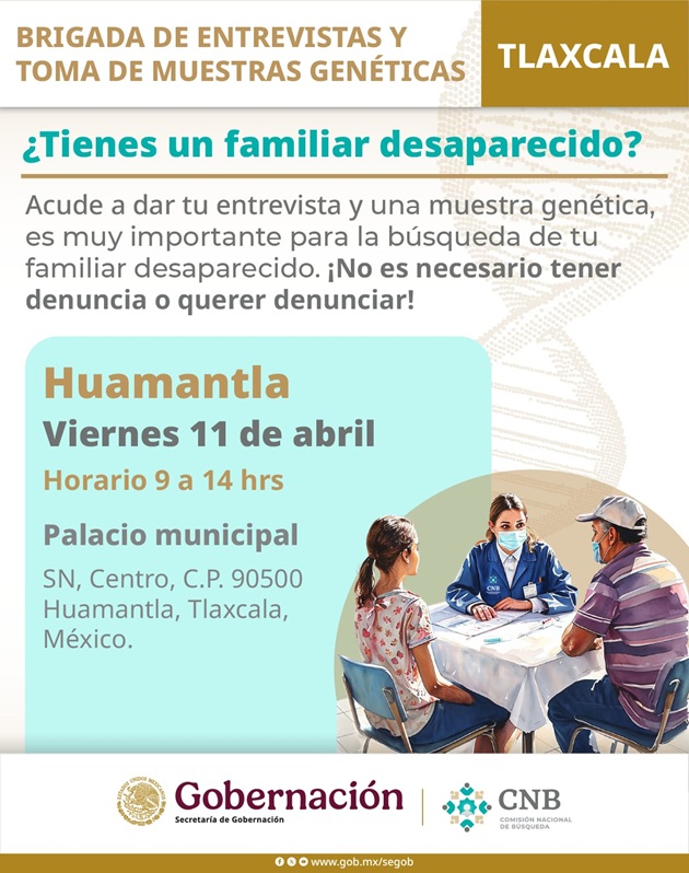 Estará en Huamantla la brigada de entrevistas y toma de muestras de la Comisión Nacional de Búsqueda