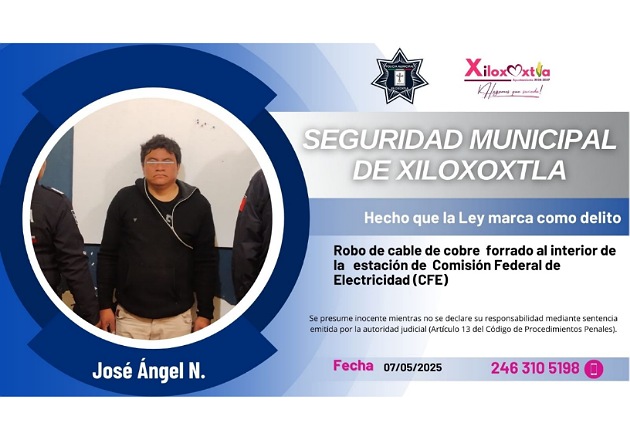 Cámaras de seguridad permiten detener a ladrón de cable en Xiloxoxtla