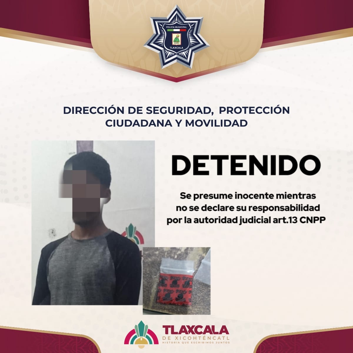 Policía Municipal de Tlaxcala asegura a un hombre en poder de presuntas sustancias prohibidas