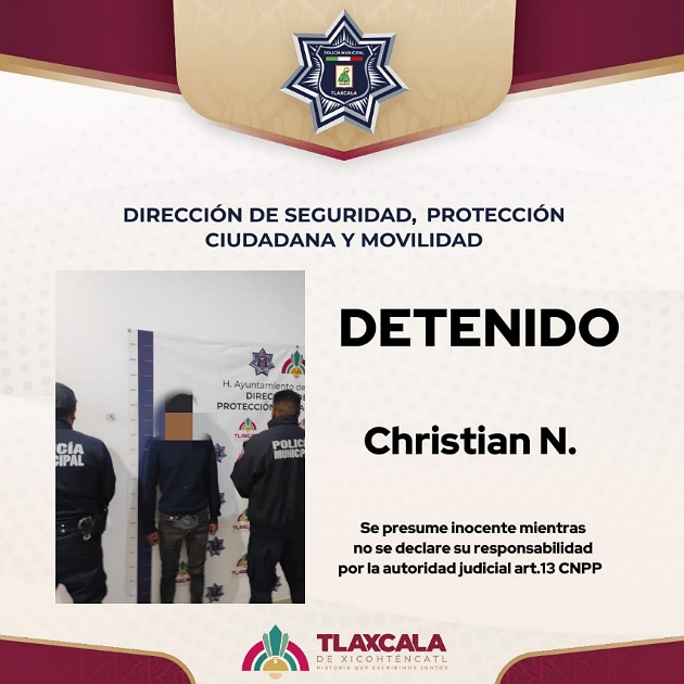 Por alterar el orden público en el centro de la capital Policía Municipal de Tlaxcala asegura a individuo