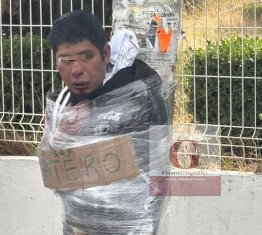 Vecinos de Acuitlapilco emplayan a presunto ladrón de camioneta