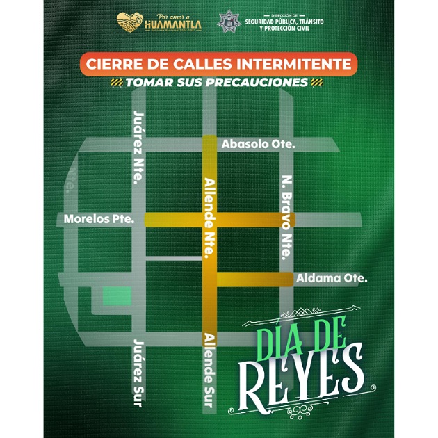 Cierre temporal de vialidades por mercado de Día de Reyes en Huamantla