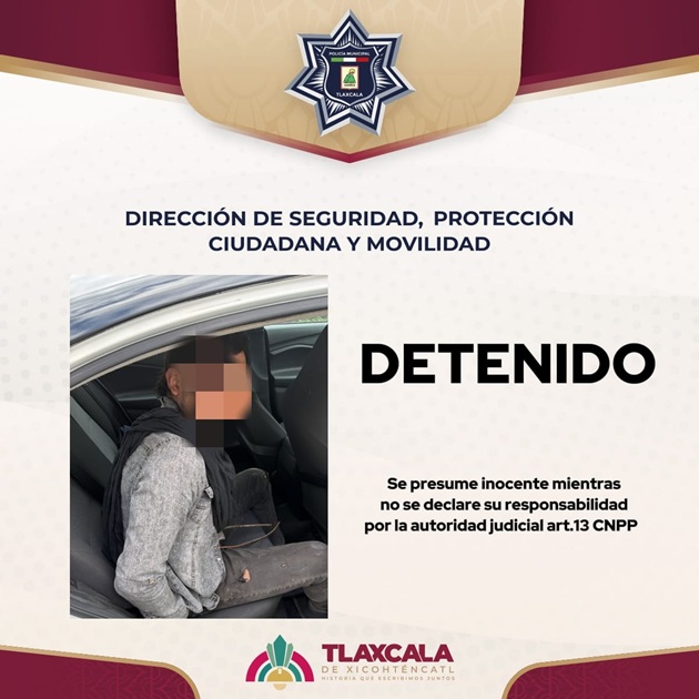 Policía Municipal de Tlaxcala asegura a masculino por presunto robo de cable en La Joya