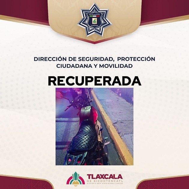 Recupera Policía Municipal de Tlaxcala motocicleta con reporte de robo en bulevar Ocotlán