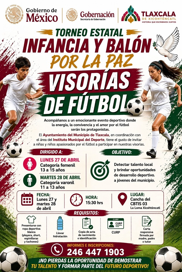Invita Ayuntamiento de Tlaxcala a las visorías de futbol para fortalecer el talento juvenil y la cultura de paz