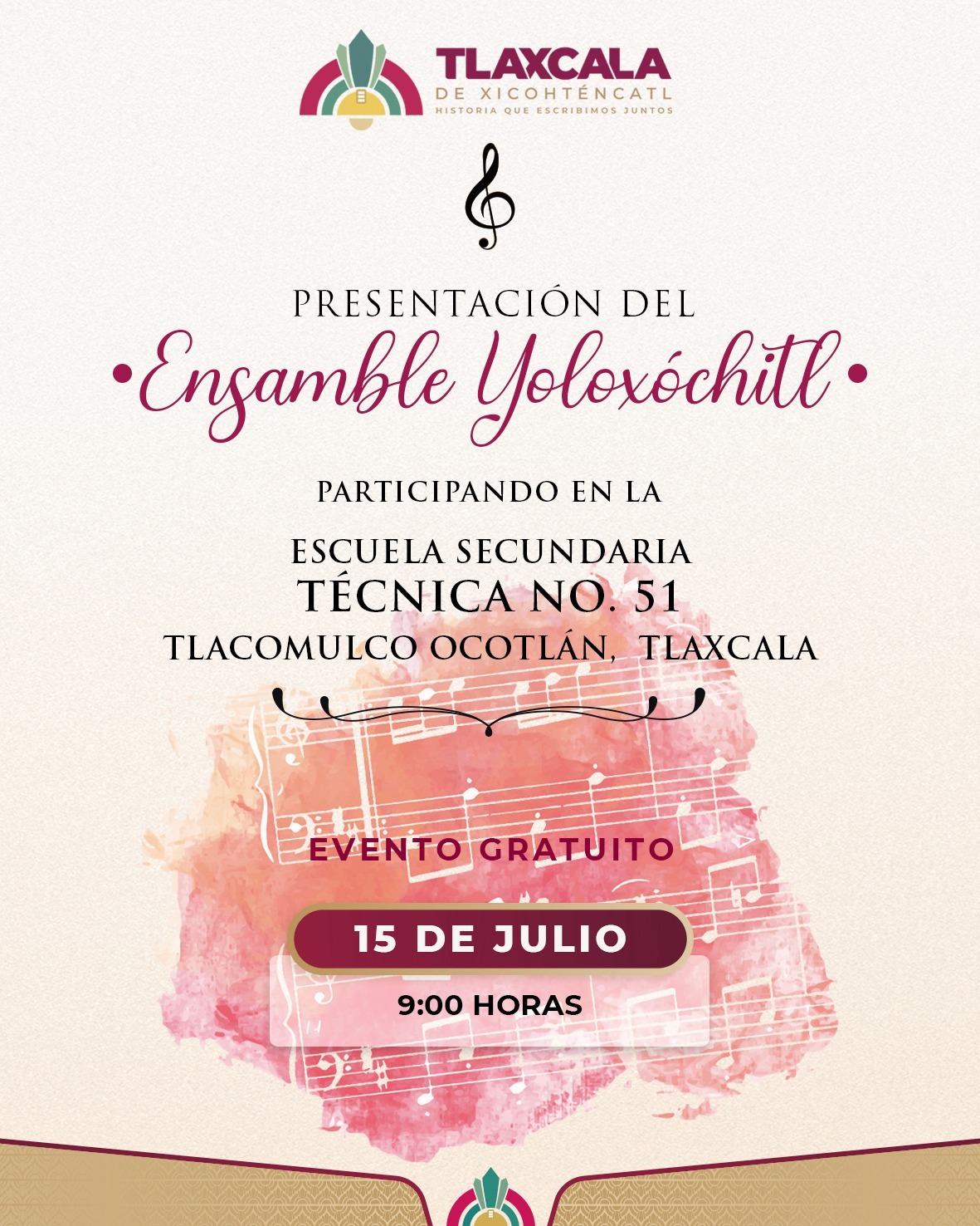 Invita Ayuntamiento de Tlaxcala al concierto del Ensamble Yoloxóchitl en Ocotlán
