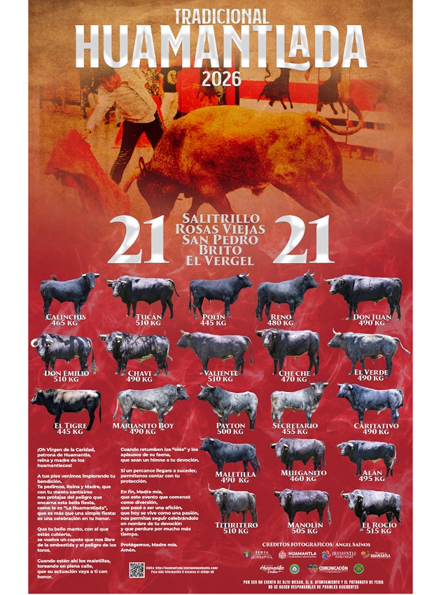 Presentan cartel oficial de los 21 toros de la Huamantlada 2026