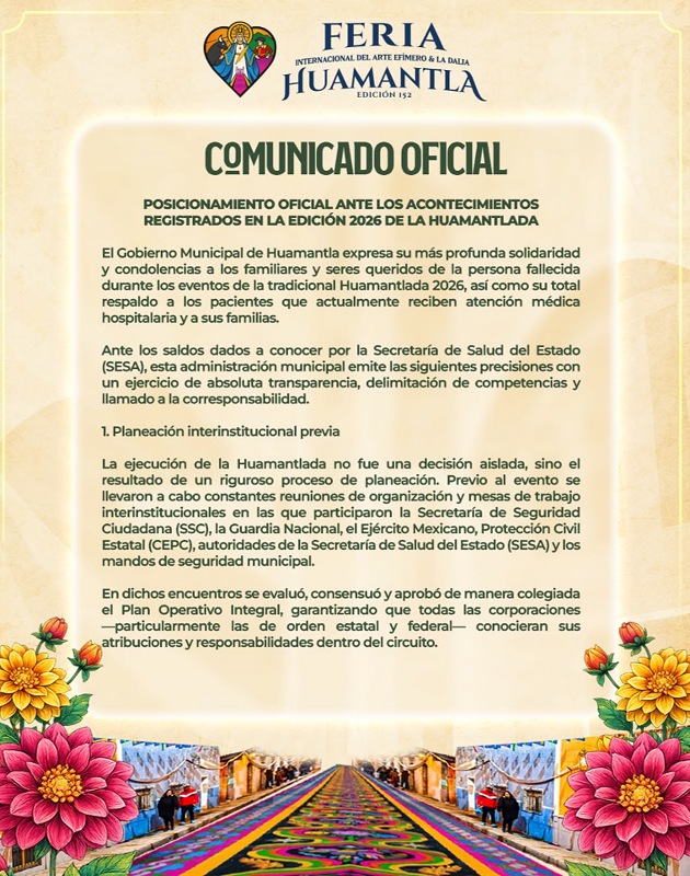 Gobierno Municipal expresa solidaridad tras saldo de la Huamantlada; revisará protocolos